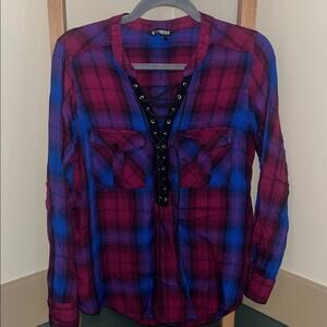 EXPRESS Lace Up Front Pockets Blue & Maroon Plaid Shirt Women's Size Large